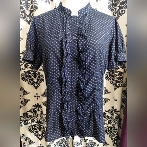 Banana Republic Silk blend button-down shirt retro polka dot blue ruffled size M
